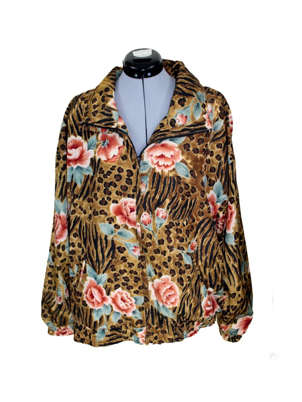 Vintage EVR Womens Bomber Jacket Size Medium Animal Print Floral Full Zip 90s